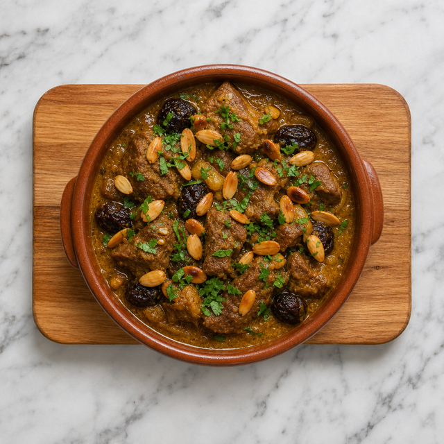 Lamb tagine with prunes topped with almonds and cilantro