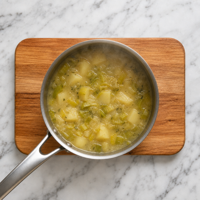 Leeks and potatoes simmering until tender in vegetable stock.