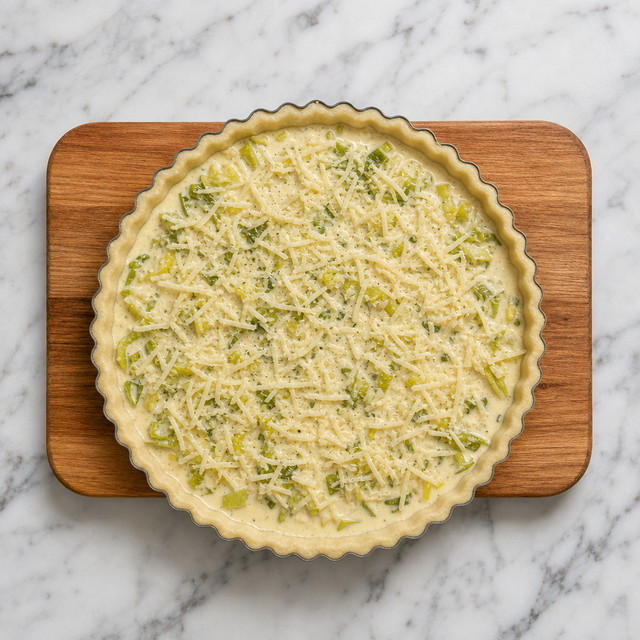 Leeks and custard assembled in the pastry shell before baking