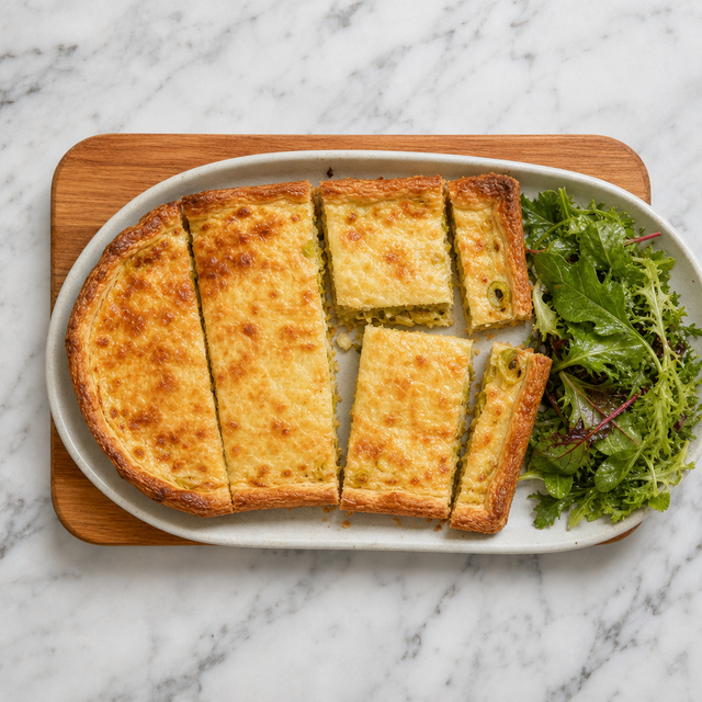 Golden French leek tart ready to slice and serve