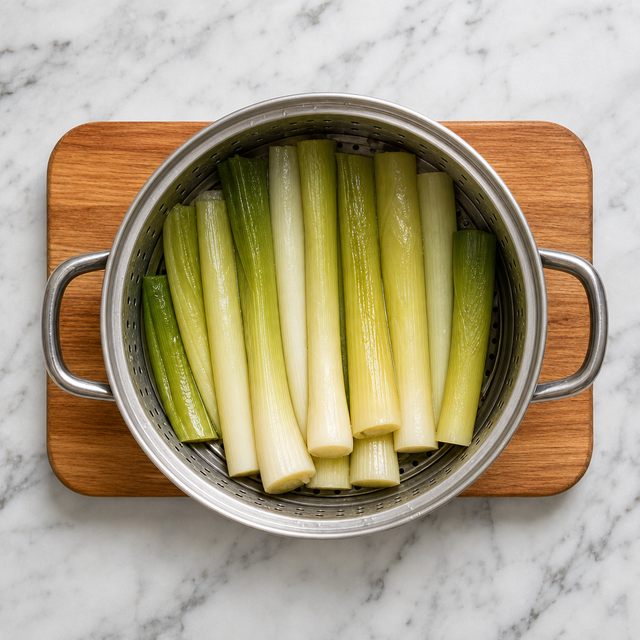 Tender leeks steaming in a basket