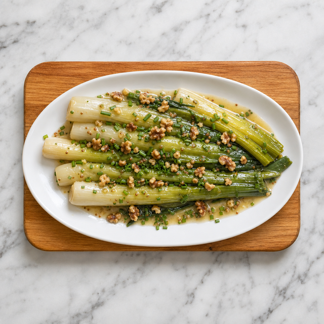 Steamed leeks dressed with vinaigrette, walnuts, and chives