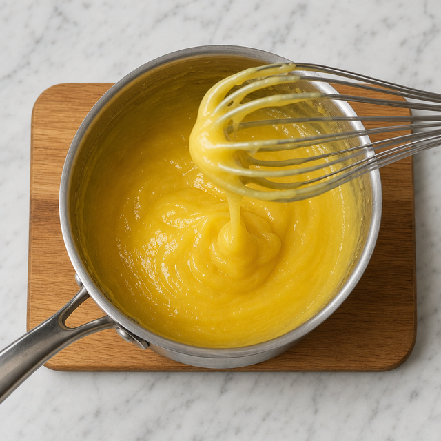 Glossy lemon curd thickened in a saucepan
