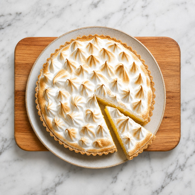 Lemon meringue tart with toasted meringue peaks and a clean slice