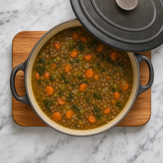 Lentil and carrot soup simmering with tender vegetables and lentils