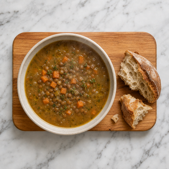 Steaming bowl of lentil and carrot soup ready to serve