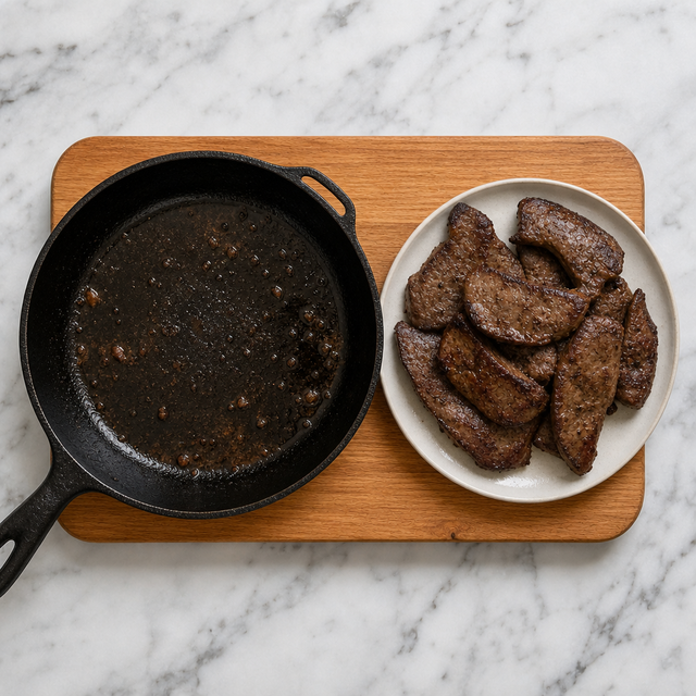 Browned beef liver slices resting after sautéing