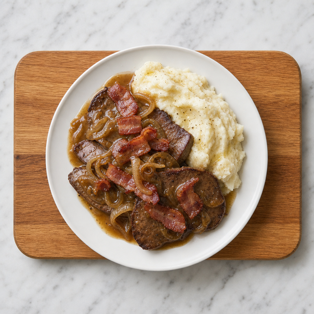 Liver and bacon covered with onion gravy and served with mashed potatoes