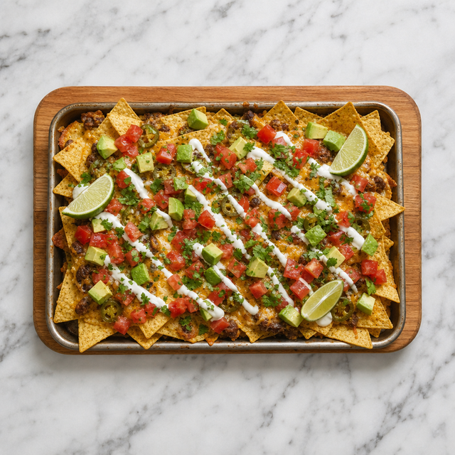 Finished Loaded Nachos garnished with avocado, tomato, sour cream, jalapeño, and lime
