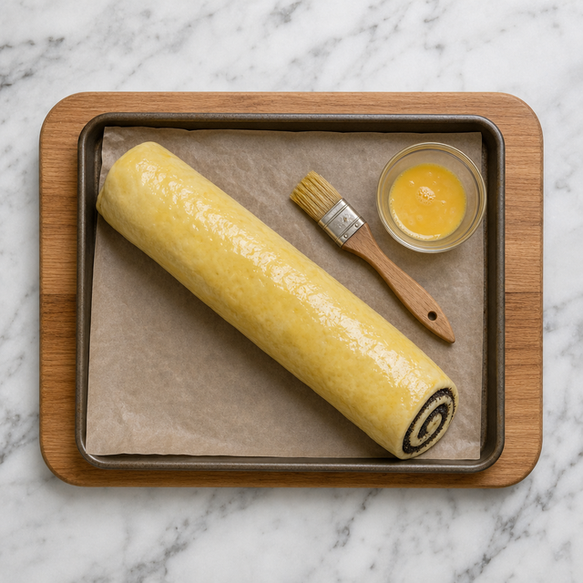 Rolled makowiec log filled with poppy seed mixture on a baking sheet