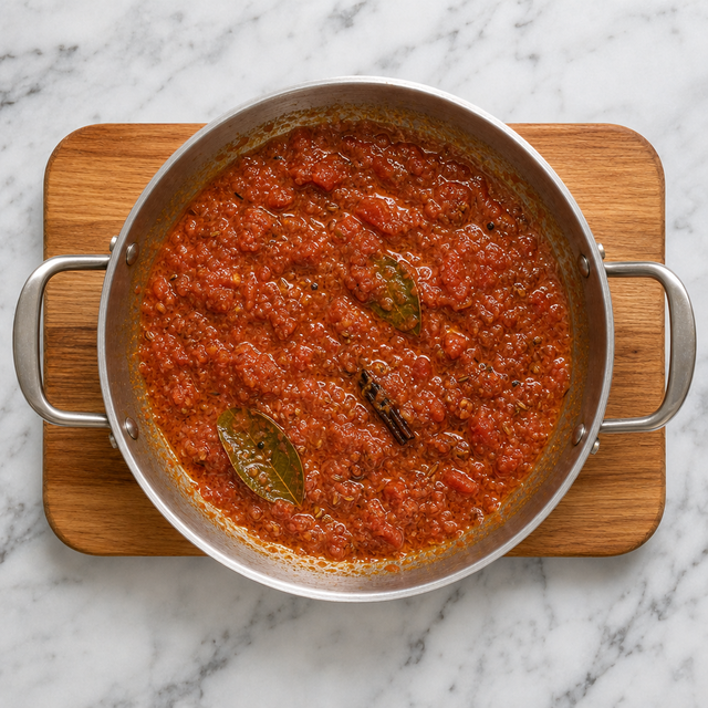 Reduced tomato masala sauce ready to be blended