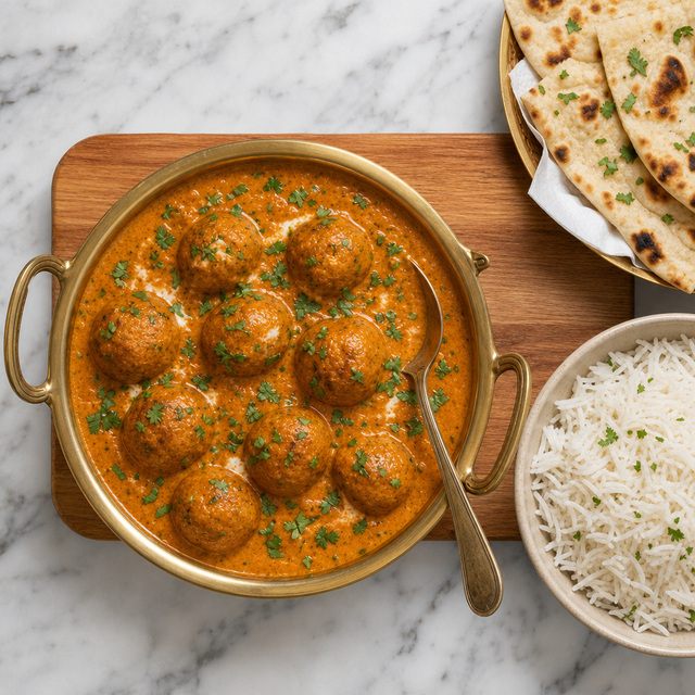 Malai Kofta with golden dumplings in creamy tomato cashew sauce