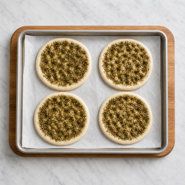 Dimpled rounds spread with za'atar topping before baking
