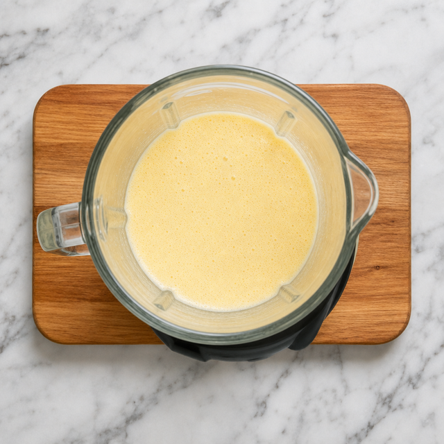 Mango lassi blending into a smooth, pale golden drink in a blender