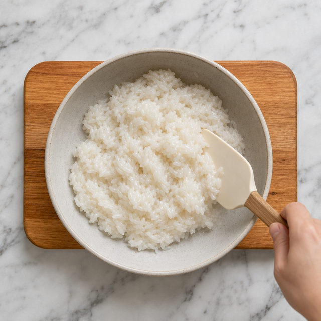 Glossy sticky rice absorbing coconut sauce