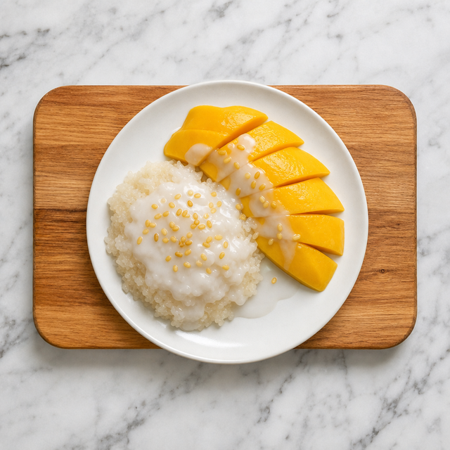 Mango sticky rice with coconut sauce and toasted mung beans