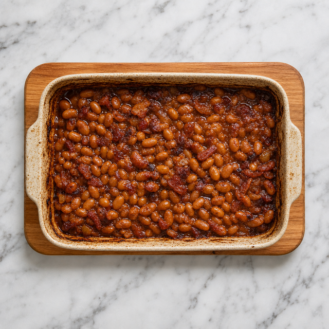 Finished maple baked beans with a glossy caramelized sauce