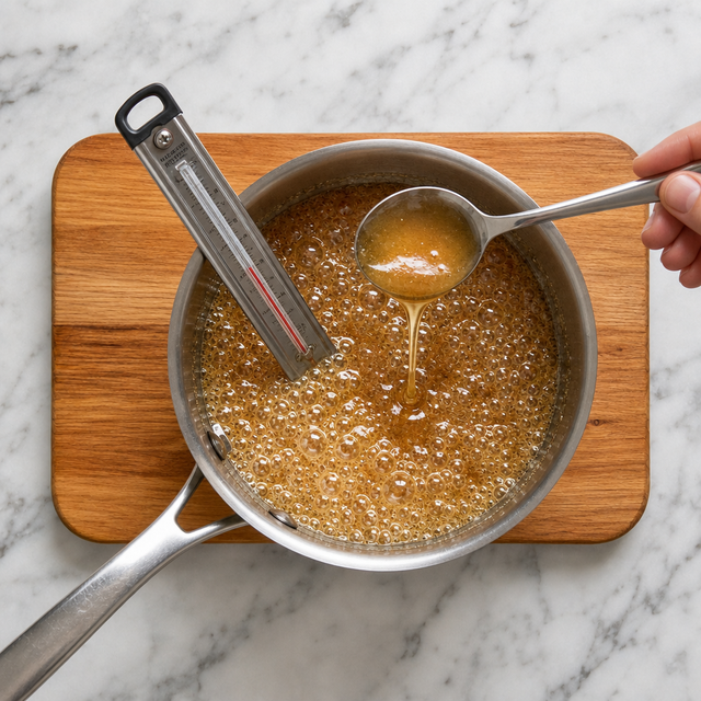 Maple fudge syrup simmering to 114°C in a saucepan
