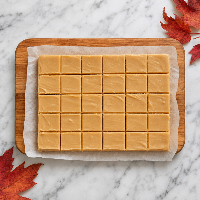 Neat squares of Canadian maple cream fudge on parchment