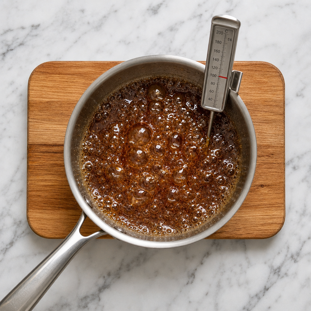 Maple syrup simmering to the soft taffy stage