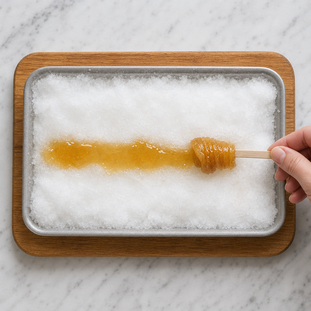 Maple taffy rolled on snow around a wooden stick