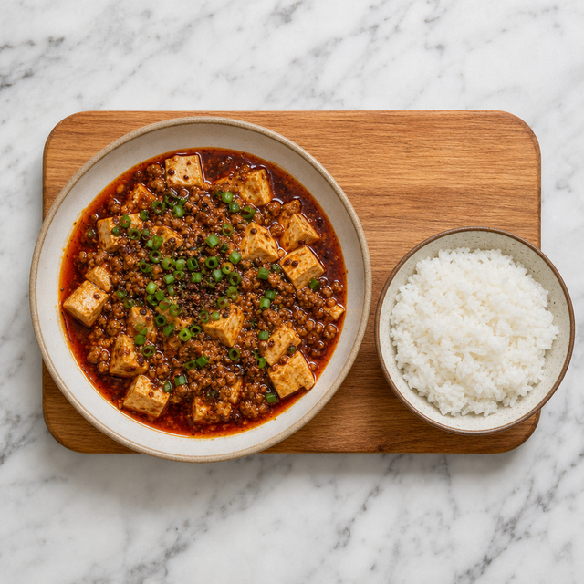 Finished Mapo Tofu topped with scallions and Sichuan pepper