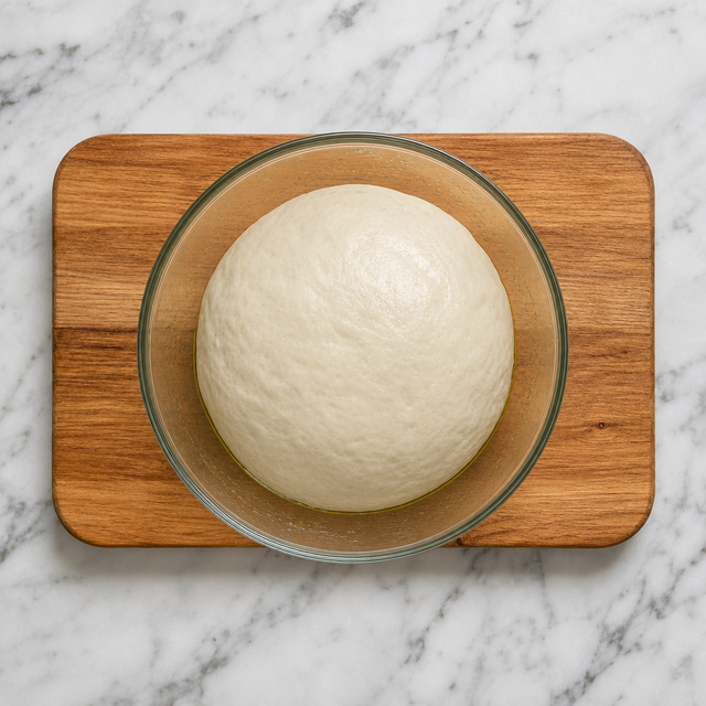 Smooth pizza dough risen in a bowl