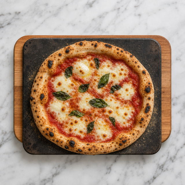 Margherita pizza with a blistered crust and melted mozzarella