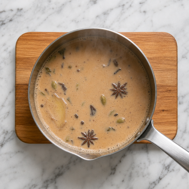 Milk and sugar added to the spiced tea as masala chai simmers