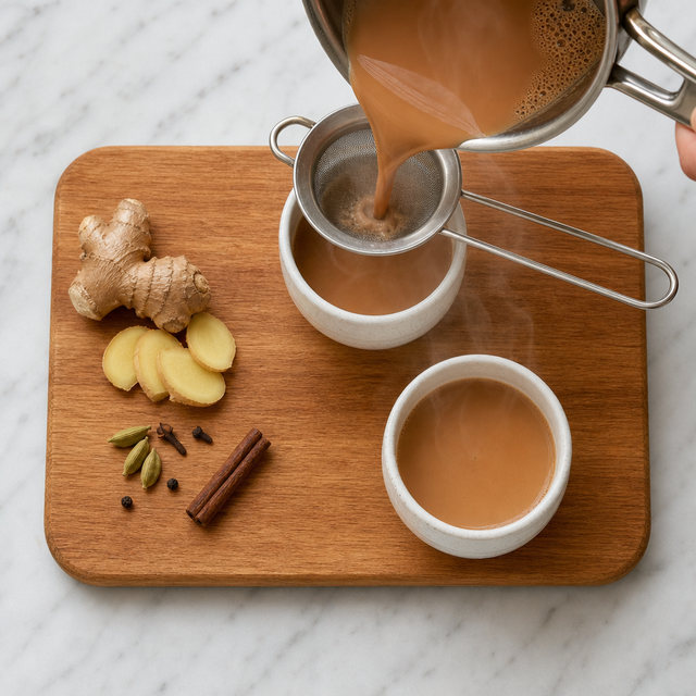 Masala chai strained into two cups and ready to serve