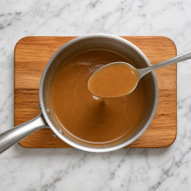 Glossy gravy coating the back of a spoon