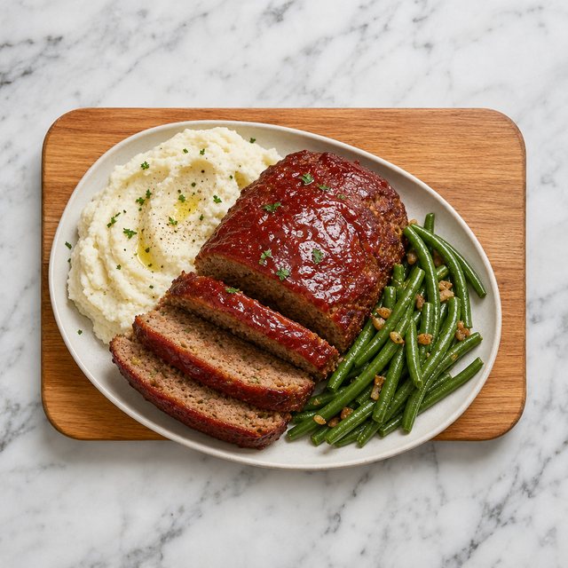 Sliced meatloaf with ketchup glaze served with vegetables