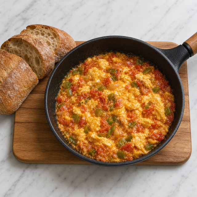 Soft glossy egg curds folded through tomato and green pepper sauce.
