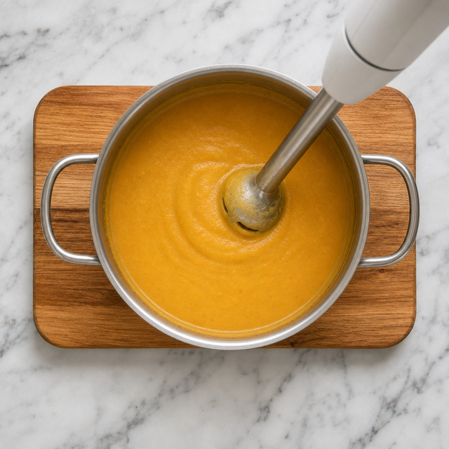 Immersion blender smoothing Turkish red lentil soup
