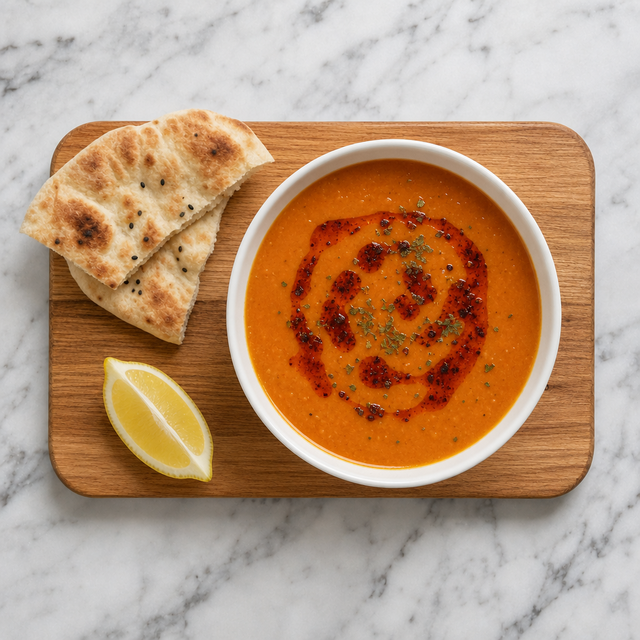 Silky Turkish red lentil soup finished with mint, pepper oil, and lemon
