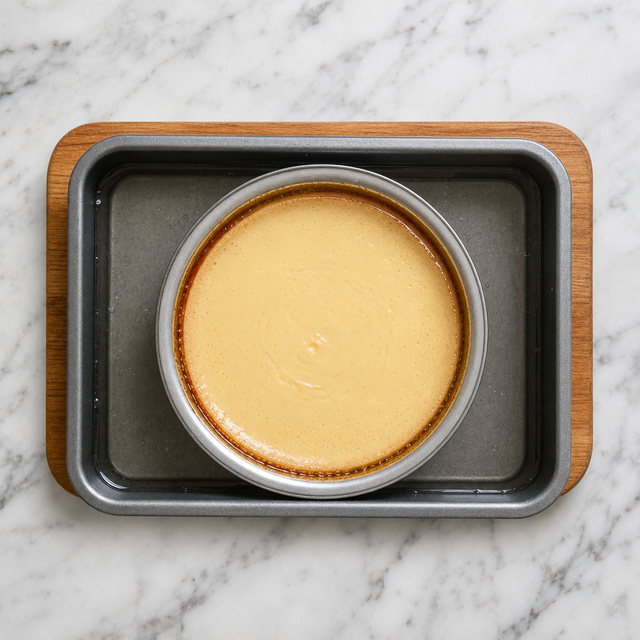 Mexican flan baking in a water bath with set edges and a soft center