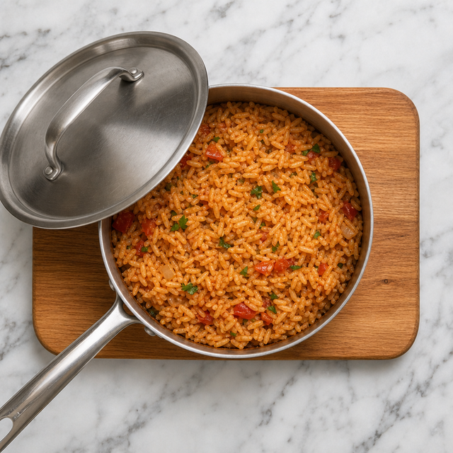 Fluffy tomato-tinted rice after the liquid has been absorbed