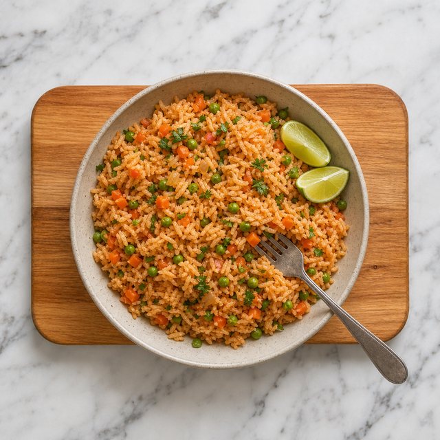 Fluffy Mexican rice with peas, carrots, cilantro, and lime