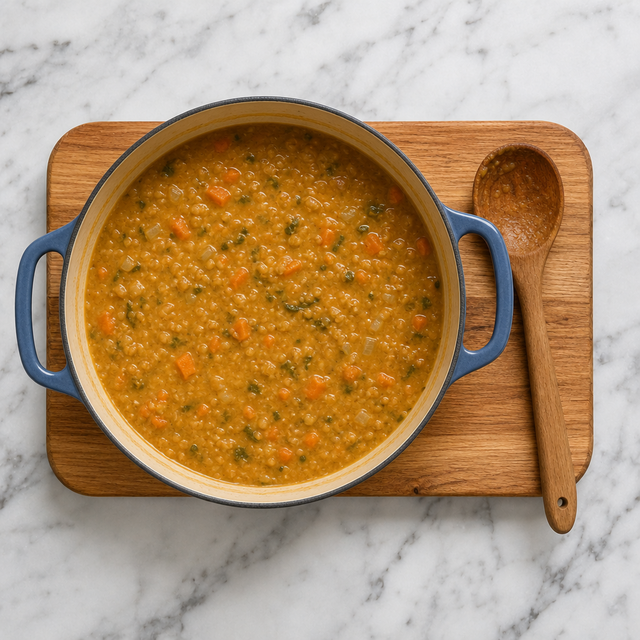 Red lentil soup simmering until creamy and tender