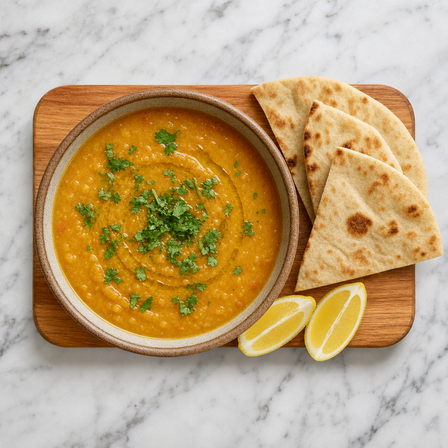 Creamy Middle Eastern lentil soup garnished with cilantro and served with lemon