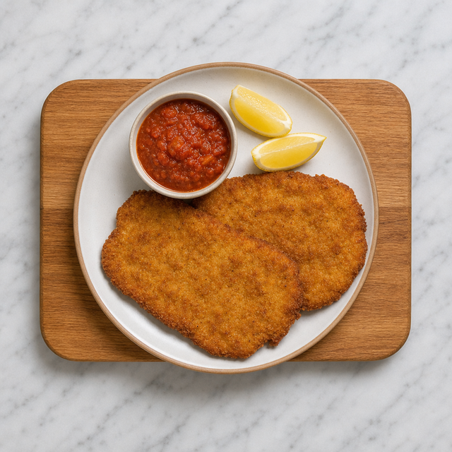 Crisp Argentinian milanesa served with tomato sauce and lemon