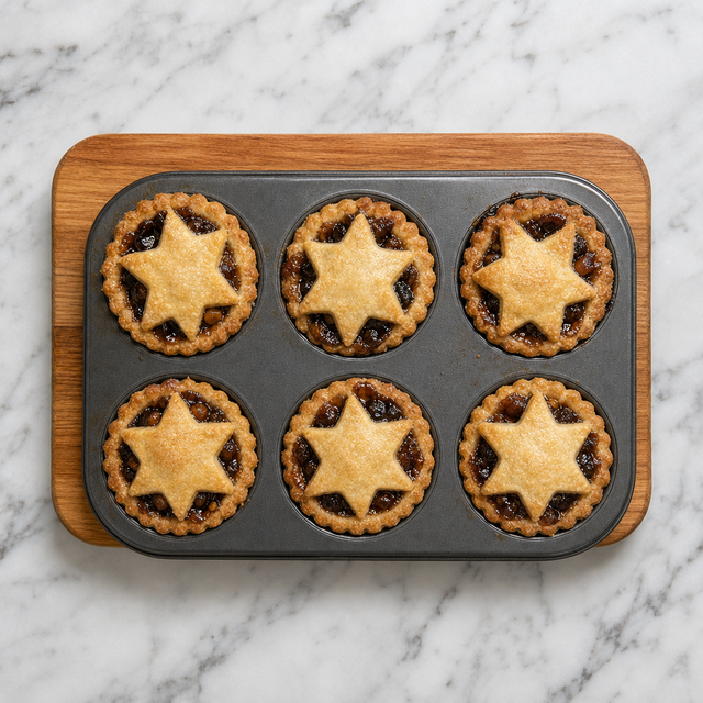 Freshly baked golden mince pies with bubbling fruit filling