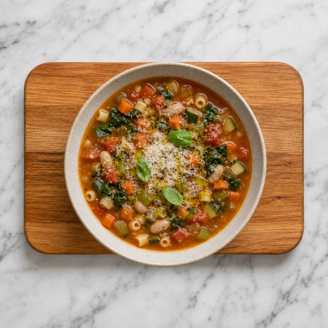A bowl of finished minestrone with basil, olive oil, and Parmesan