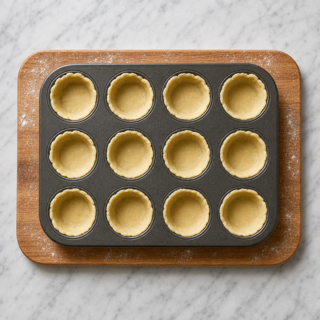 Mini muffin tin lined with pastry rounds for individual quiches