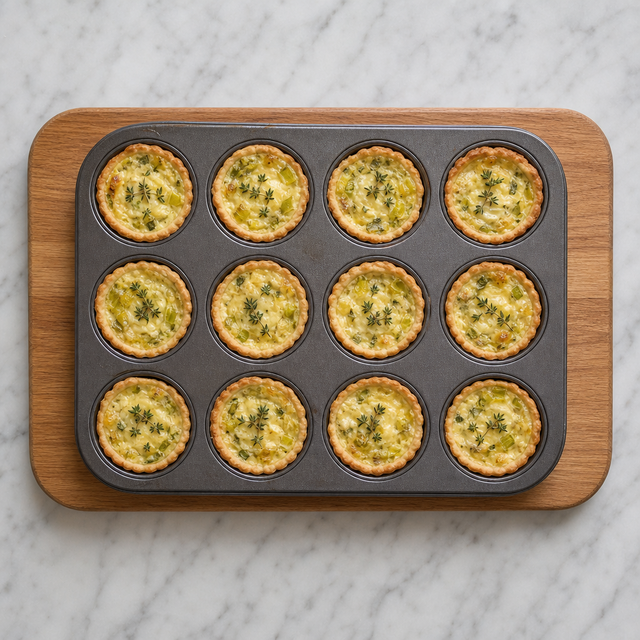 Golden mini quiches with leek, Gruyère, and thyme