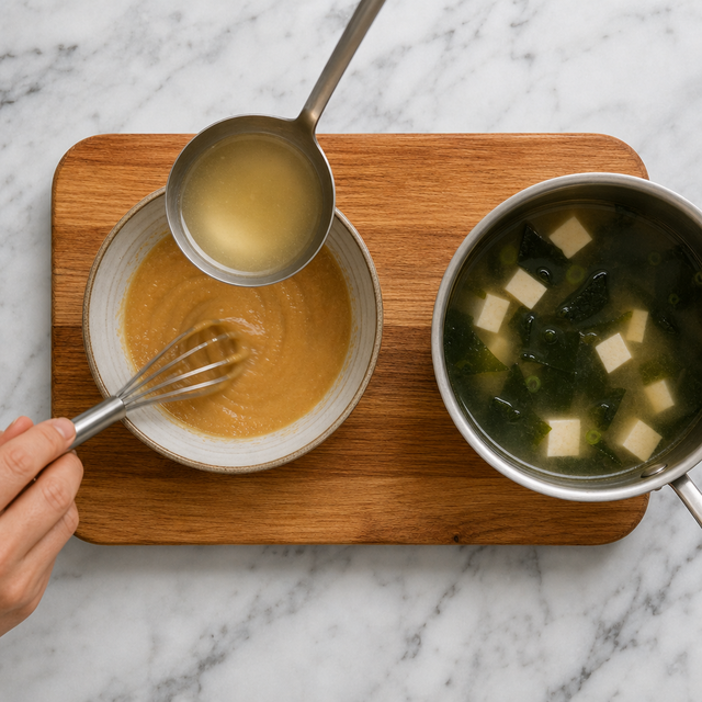 Miso paste being whisked smooth with hot broth before being added to the soup