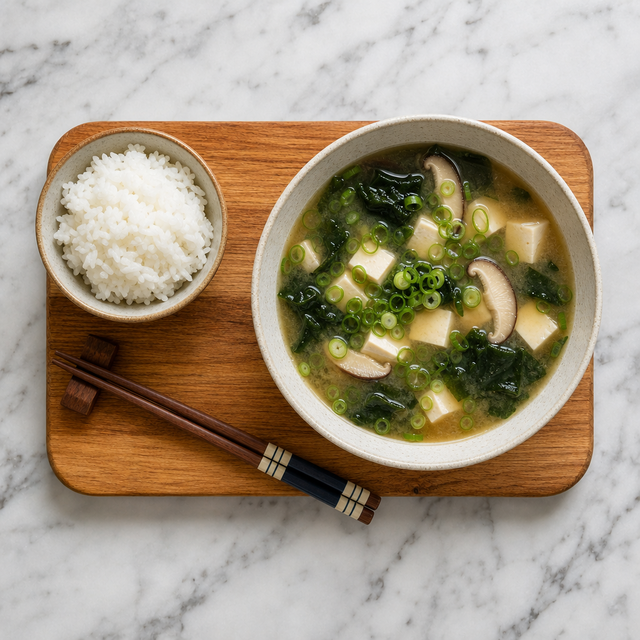 Finished miso soup with tofu, wakame, shiitake, and scallions