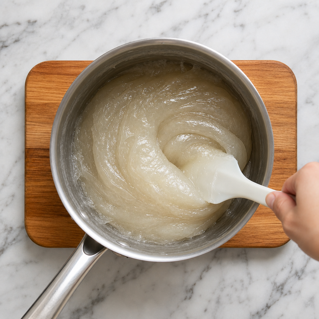 Glossy translucent mochi dough thickening in a saucepan