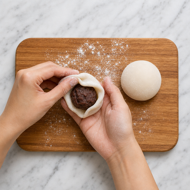Mochi dough being wrapped around red bean paste filling