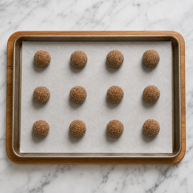 Sugar-coated molasses cookie dough balls arranged on a baking sheet